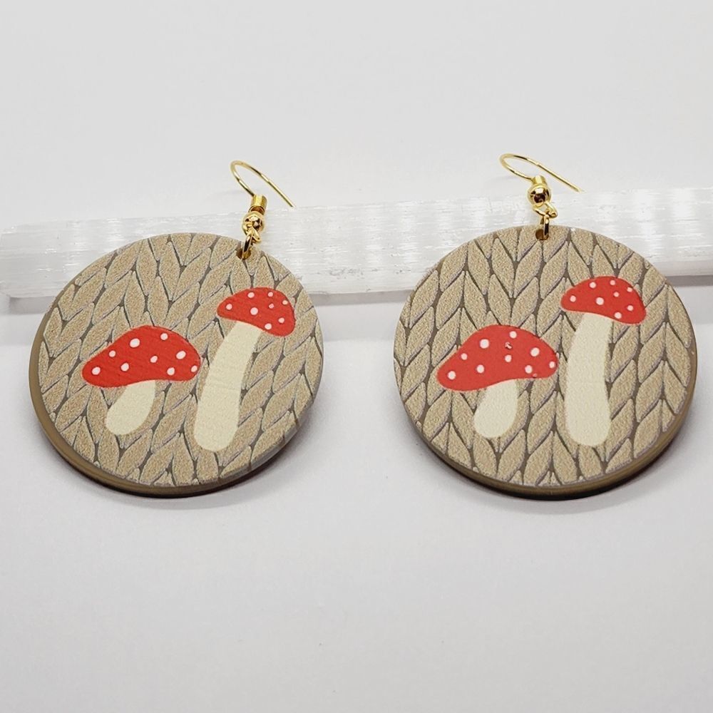 Red Gray Charming Cottagecore Acrylic Mushroom Pendant Bead Earrings